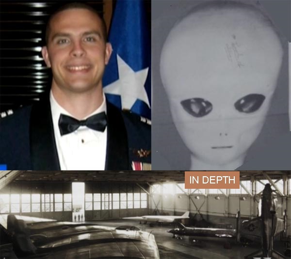 Whistleblower David Grusch, an alien representation that allegedly looks like the one seen by Jesse Marcel, 