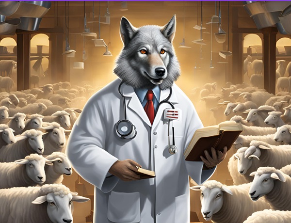 Wolf in Sheep's clothing in lab coat with bible surrounded by sheep.