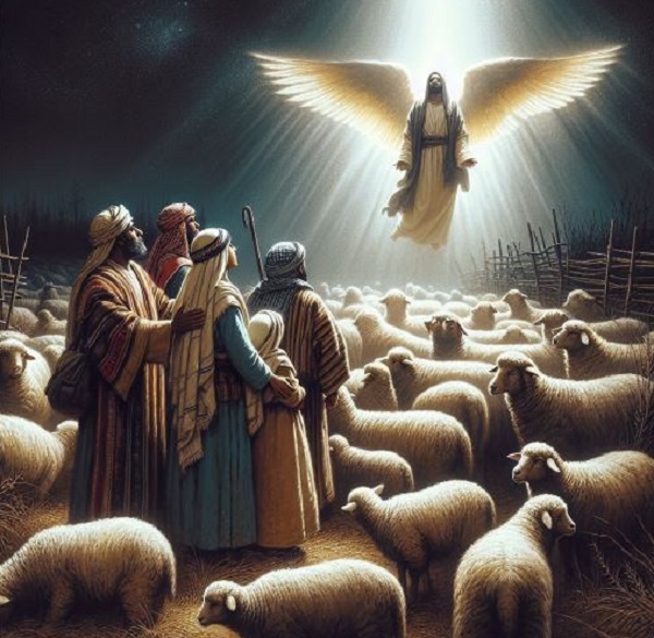 An angel announces the birth of the messiah to shepherds watching their flocks by night